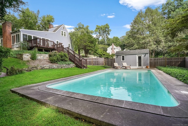 11 Overlook Rd, Westport, CT 06880 - view of pool with a fenced backyard, a deck, stairs, and an outbuilding