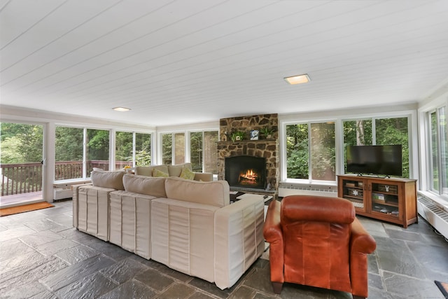 11 Overlook Rd, Westport, CT 06880 - living room with stone tile floors and a fireplace