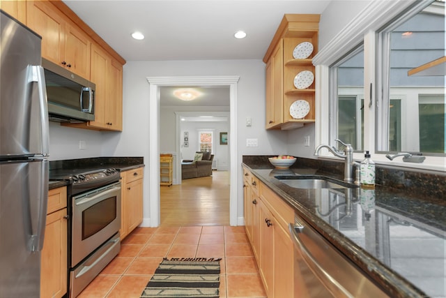 11 Overlook Rd, Westport, CT 06880 - kitchen featuring stainless steel appliances, open shelves, light tile patterned floors, dark stone counters, and recessed lighting