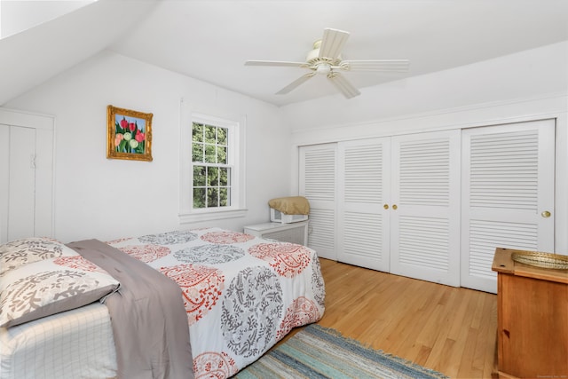 11 Overlook Rd, Westport, CT 06880 - bedroom with lofted ceiling, light wood-type flooring, a closet, and ceiling fan