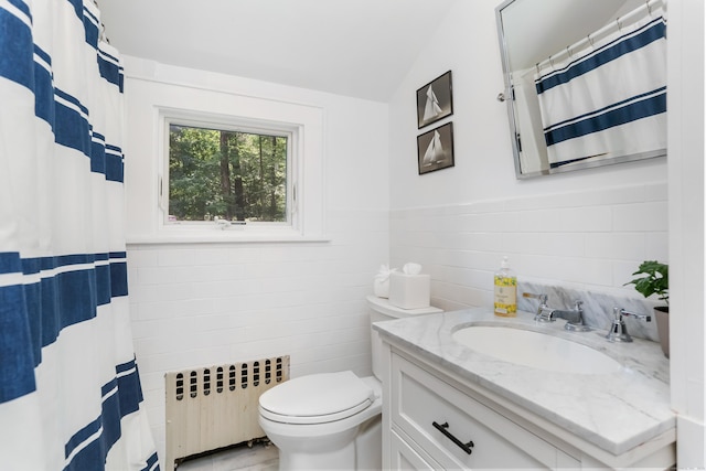 11 Overlook Rd, Westport, CT 06880 - full bathroom featuring radiator, vanity, tile walls, and lofted ceiling