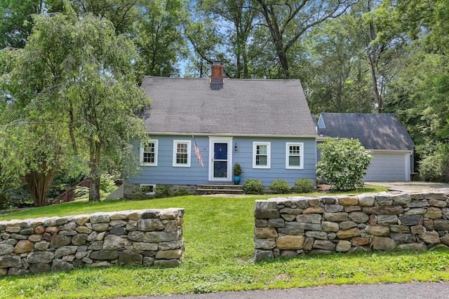 11 Overlook Rd, Westport, CT 06880 - cape cod-style house featuring a chimney, a front yard, an attached garage, a shingled roof, and entry steps
