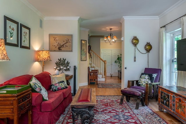 23 Anita Way, Warren, CT 06754 - living room featuring a chandelier, wood finished floors, crown molding, and stairs