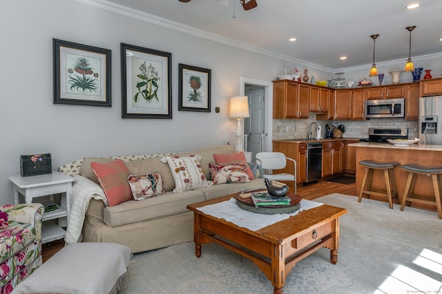 23 Anita Way, Warren, CT 06754 - living room with crown molding, a ceiling fan, recessed lighting, and light wood finished floors