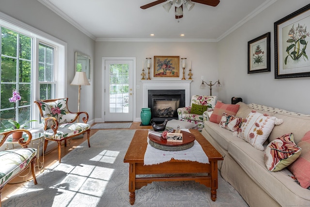 23 Anita Way, Warren, CT 06754 - living room featuring plenty of natural light, a ceiling fan, crown molding, and a glass covered fireplace