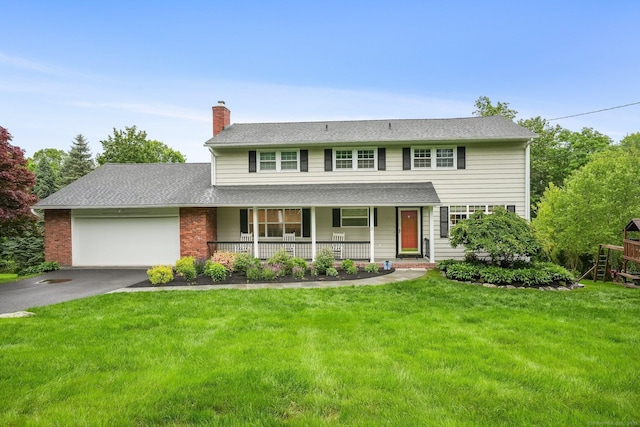 27 E Gate Rd, Danbury, CT 06811 - view of front of property featuring a porch, an attached garage, asphalt driveway, a chimney, and a front lawn