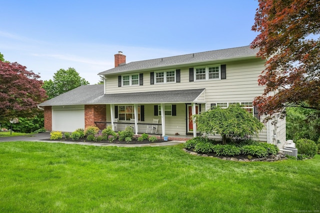 27 E Gate Rd, Danbury, CT 06811 - view of front facade featuring covered porch, a garage, a chimney, a front yard, and driveway