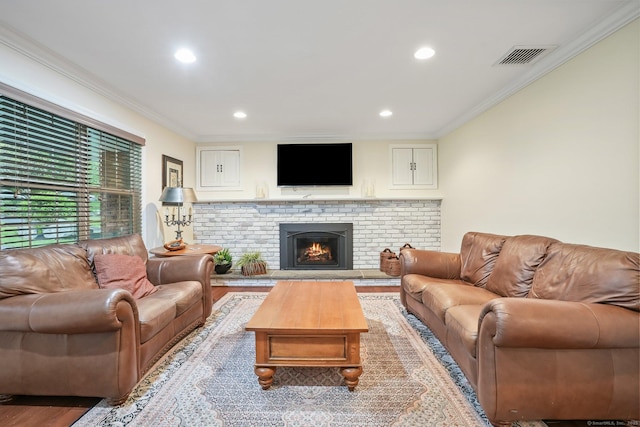 27 E Gate Rd, Danbury, CT 06811 - living area featuring ornamental molding, light wood-type flooring, recessed lighting, and a fireplace