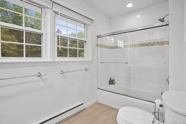 27 E Gate Rd, Danbury, CT 06811 - full bathroom with toilet, bath / shower combo with glass door, wood finished floors, recessed lighting, and baseboard heating