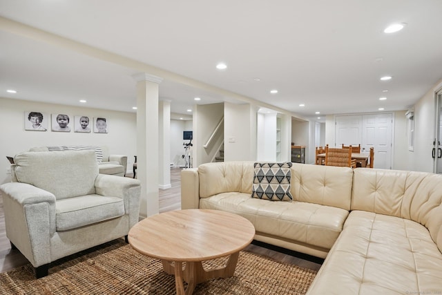 27 E Gate Rd, Danbury, CT 06811 - living area featuring wood finished floors, stairway, and recessed lighting