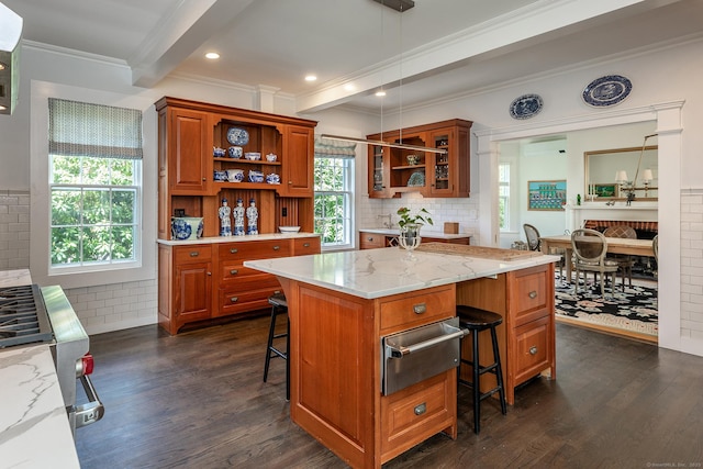 118 S St, Litchfield, CT 06759 - kitchen with a warming drawer, open shelves, beamed ceiling, a kitchen breakfast bar, and dark wood-style floors