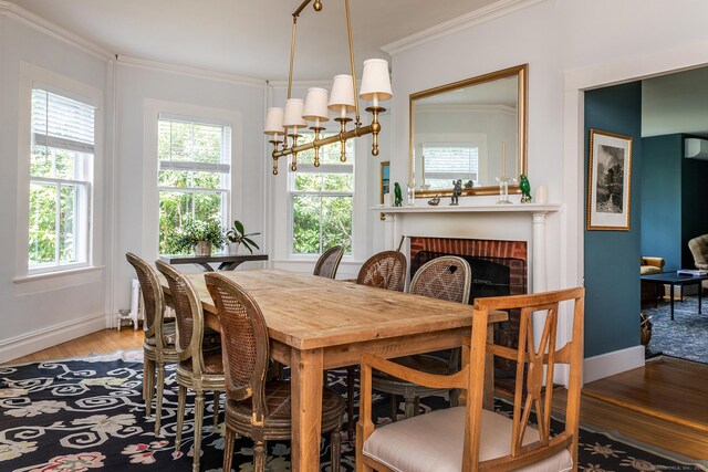 118 S St, Litchfield, CT 06759 - dining room featuring wood finished floors, ornamental molding, a fireplace, and baseboards