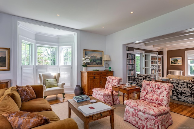 118 S St, Litchfield, CT 06759 - living room featuring radiator heating unit, light wood-style floors, plenty of natural light, crown molding, and recessed lighting