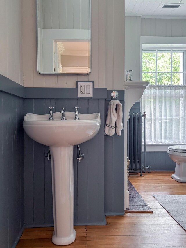 118 S St, Litchfield, CT 06759 - bathroom with hardwood / wood-style flooring, radiator heating unit, toilet, wooden walls, and a sink