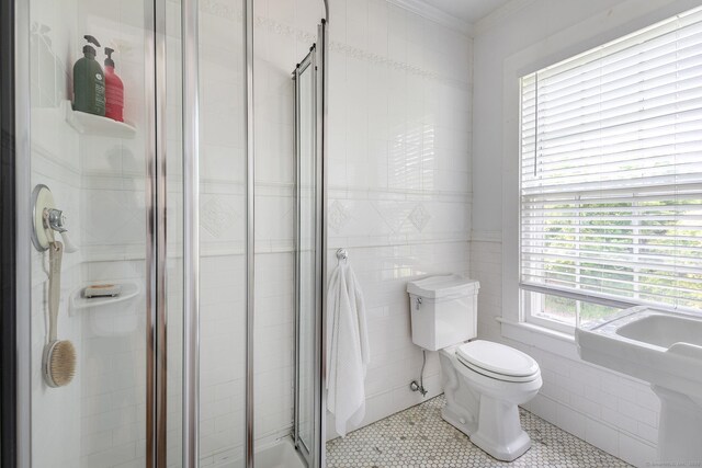 118 S St, Litchfield, CT 06759 - full bathroom with tile patterned floors, tile walls, toilet, and a stall shower