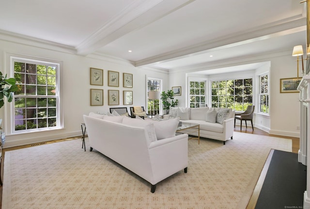 42 Morningside Dr S, Westport, CT 06880 - living room featuring beam ceiling, plenty of natural light, ornamental molding, baseboards, and recessed lighting