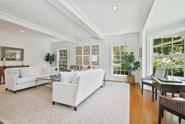 42 Morningside Dr S, Westport, CT 06880 - living area with beam ceiling, light wood-style floors, crown molding, and recessed lighting