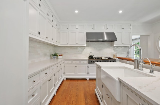 42 Morningside Dr S, Westport, CT 06880 - kitchen featuring wall chimney exhaust hood, a sink, white cabinets, decorative backsplash, and ornamental molding