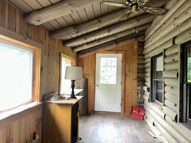 153 N Main St, East Granby, CT 06026 - doorway to outside featuring wood ceiling with exposed beams, plenty of natural light, a ceiling fan, log walls, and wood finished floors