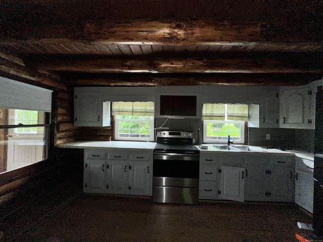 153 N Main St, East Granby, CT 06026 - kitchen with electric stove, a sink, white cabinetry, tasteful backsplash, and wood ceiling with exposed beams