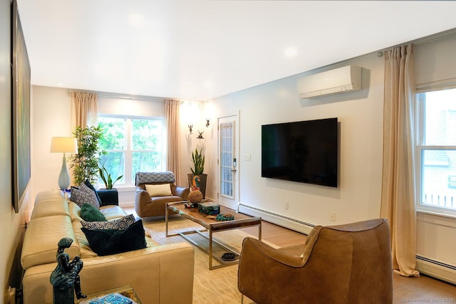 21 Perry St, Salisbury, CT 06039 - living area with a baseboard radiator, a wall mounted air conditioner, and light wood-type flooring