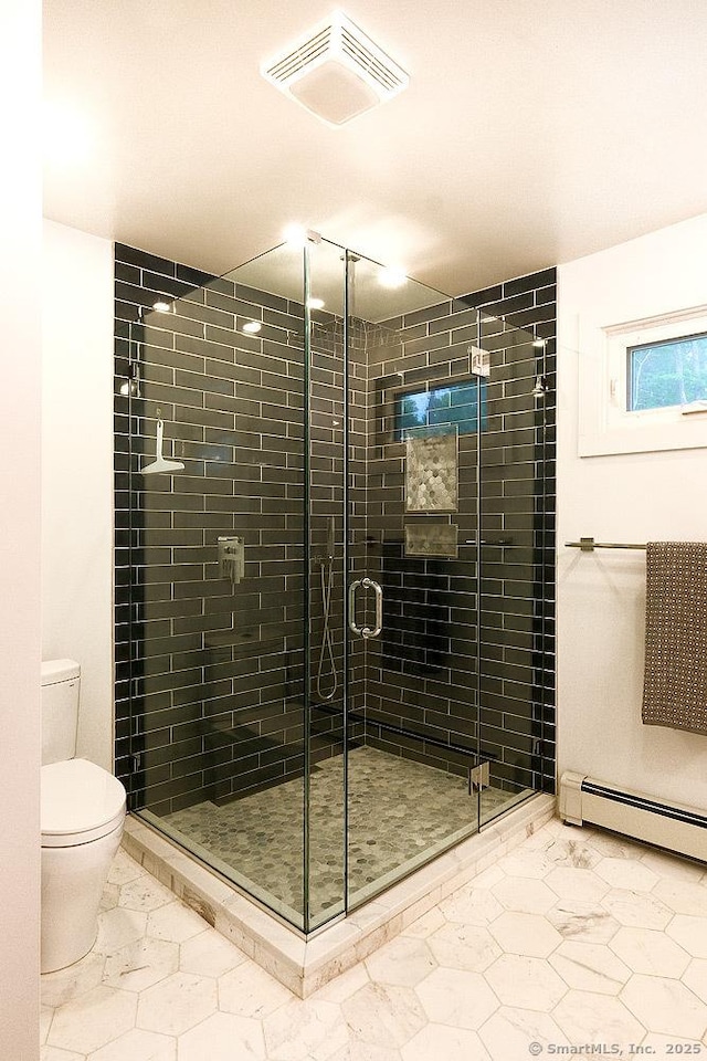 21 Perry St, Salisbury, CT 06039 - bathroom with toilet, a shower stall, tile patterned floors, and a baseboard heating unit