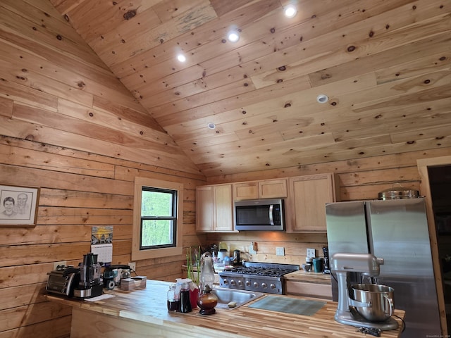 80 John Mack Rd, Hampton, CT 06247 - kitchen featuring stainless steel appliances, lofted ceiling, wood ceiling, wood walls, and a sink