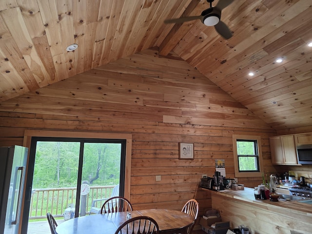 80 John Mack Rd, Hampton, CT 06247 - dining area featuring wooden ceiling, vaulted ceiling, wood walls, a ceiling fan, and recessed lighting