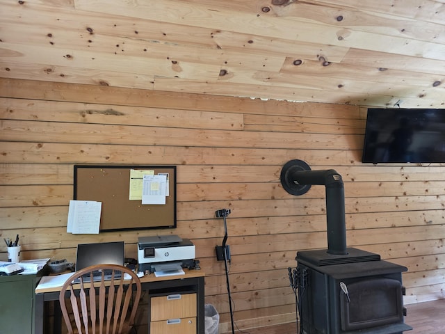 80 John Mack Rd, Hampton, CT 06247 - home office featuring wooden walls and a wood stove
