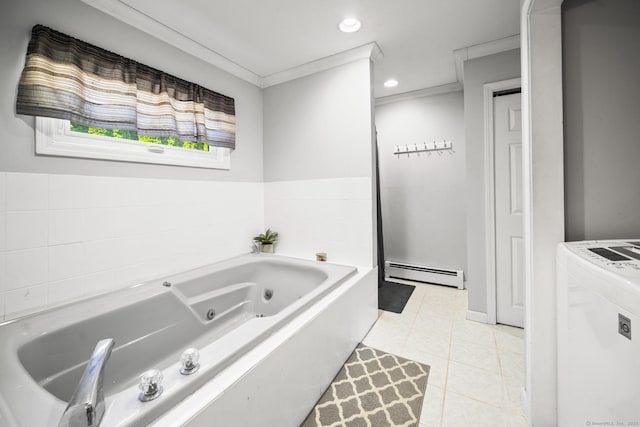 18 Kimberly Dr, Enfield, CT 06082 - bathroom with baseboard heating, washer / clothes dryer, a jetted tub, ornamental molding, and tile patterned flooring