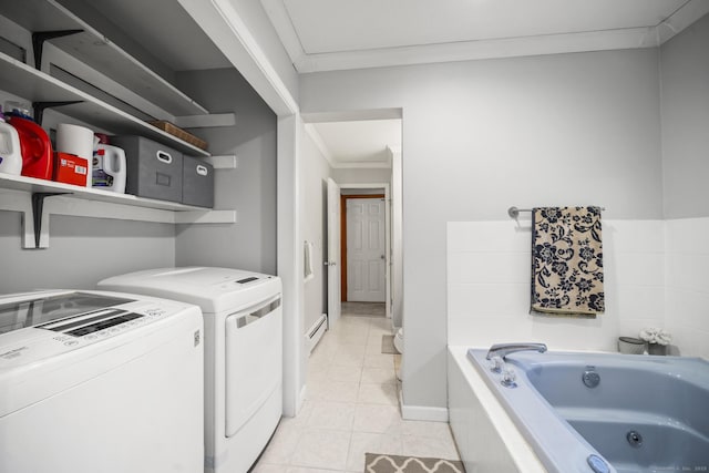 18 Kimberly Dr, Enfield, CT 06082 - laundry area featuring light tile patterned flooring, separate washer and dryer, a baseboard heating unit, ornamental molding, and baseboards