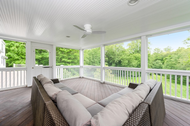 1208 Smith Ridge Rd, New Canaan, CT 06840 - wooden terrace with an outdoor living space and a ceiling fan