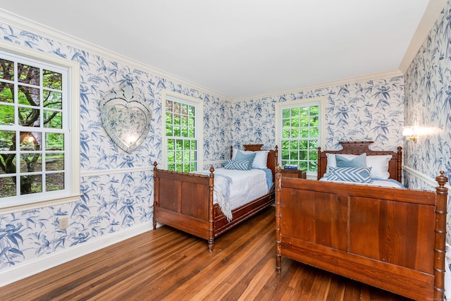 1208 Smith Ridge Rd, New Canaan, CT 06840 - bedroom with wallpapered walls, hardwood / wood-style flooring, multiple windows, baseboards, and crown molding