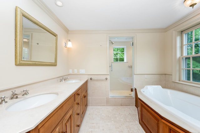 1208 Smith Ridge Rd, New Canaan, CT 06840 - full bath with a garden tub, a stall shower, double vanity, tile patterned floors, and ornamental molding