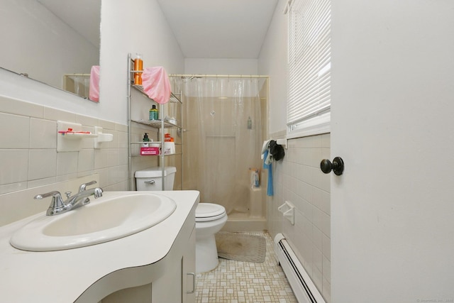 5 Stevens St, Bridgeport, CT 06606 - bathroom featuring tile walls, a baseboard radiator, toilet, a shower stall, and tile patterned floors