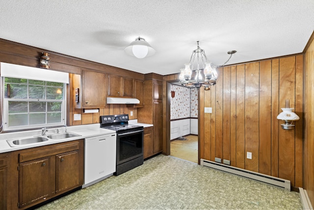 108 Gallivan Ln, Montville, CT 06382 - kitchen with electric stove, a sink, a baseboard radiator, dishwasher, and under cabinet range hood