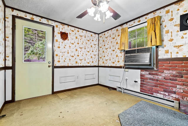 108 Gallivan Ln, Montville, CT 06382 - kitchen with wallpapered walls, ornamental molding, baseboard heating, plenty of natural light, and carpet