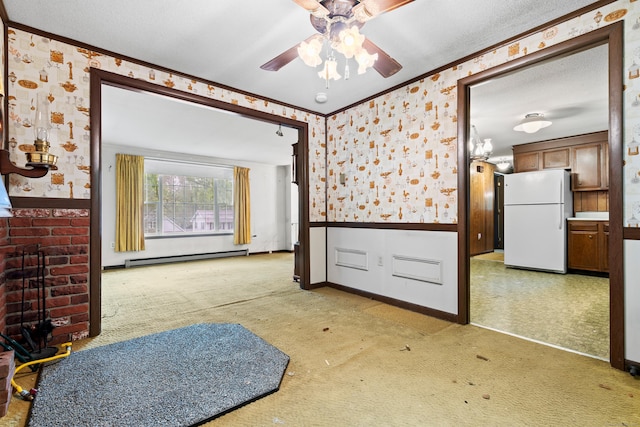 108 Gallivan Ln, Montville, CT 06382 - unfurnished living room featuring wallpapered walls, crown molding, light colored carpet, a baseboard radiator, and a ceiling fan