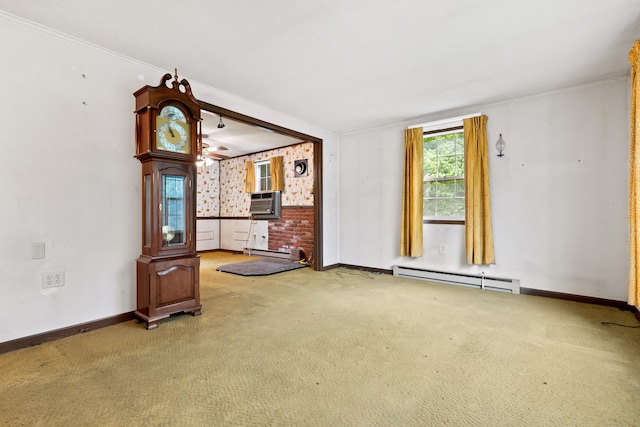 108 Gallivan Ln, Montville, CT 06382 - unfurnished living room featuring a baseboard radiator, carpet, baseboards, ornamental molding, and cooling unit