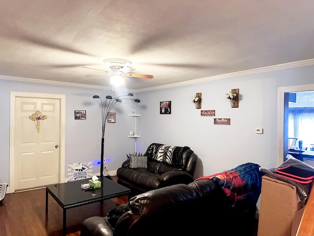 29 Hooker Rd, Bridgeport, CT 06610 - living room with dark wood-style floors, a ceiling fan, and crown molding