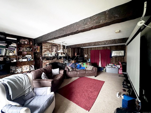 29 Hooker Rd, Bridgeport, CT 06610 - carpeted living room featuring wooden walls and beam ceiling