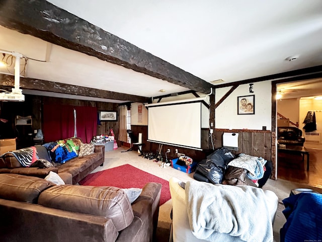 29 Hooker Rd, Bridgeport, CT 06610 - carpeted home theater room featuring wooden walls and beamed ceiling