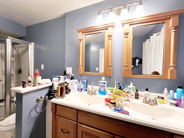 29 Hooker Rd, Bridgeport, CT 06610 - bathroom with double vanity, a shower with shower curtain, and toilet