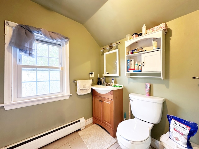 29 Hooker Rd, Bridgeport, CT 06610 - half bathroom featuring a baseboard heating unit, vanity, vaulted ceiling, toilet, and tile patterned flooring