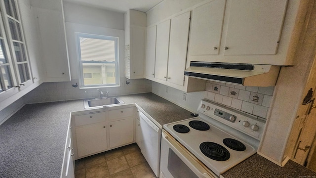 19 Weymouth Rd, Enfield, CT 06082 - kitchen with white appliances, a sink, under cabinet range hood, backsplash, and white cabinetry