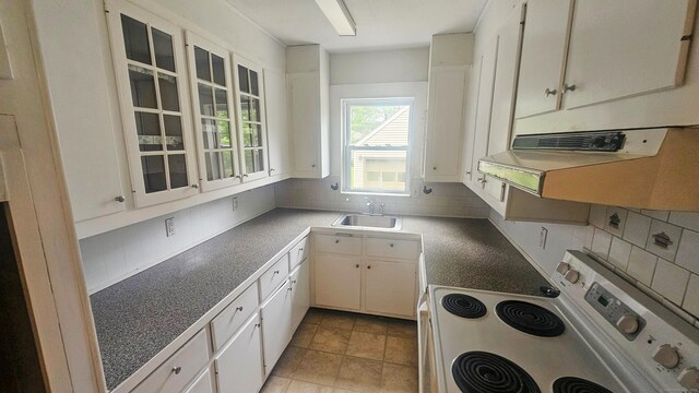 19 Weymouth Rd, Enfield, CT 06082 - kitchen with white range with electric stovetop, a sink, backsplash, white cabinetry, and glass insert cabinets