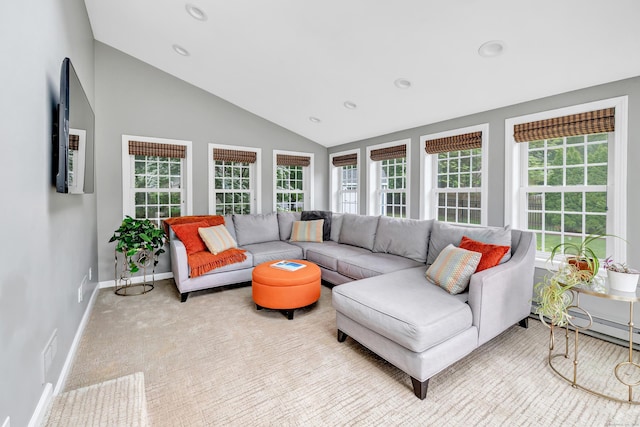 59 Ledyard Rd, West Hartford, CT 06117 - carpeted living room with recessed lighting, baseboards, high vaulted ceiling, and a baseboard radiator
