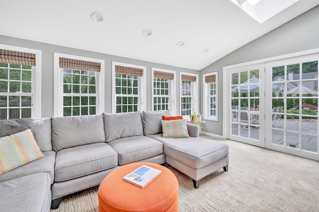 59 Ledyard Rd, West Hartford, CT 06117 - sunroom featuring a skylight, plenty of natural light, french doors, lofted ceiling, and recessed lighting