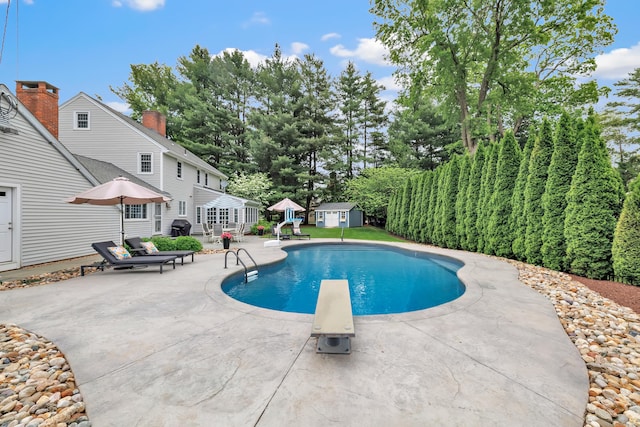 59 Ledyard Rd, West Hartford, CT 06117 - outdoor pool with a patio area, a diving board, an outdoor structure, and a grill
