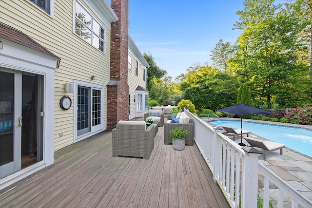 96 Norrans Ridge Dr, Ridgefield, CT 06877 - wooden deck featuring outdoor lounge area and an outdoor pool